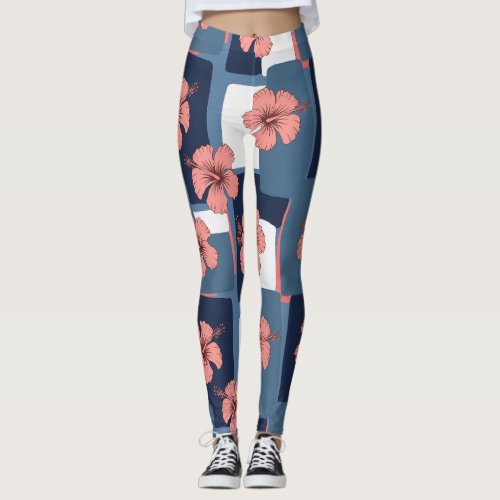 Elegant Blue Hibiscus Floral Pattern (8) Leggings