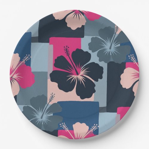 Elegant Blue Hibiscus Floral Pattern (8) Paper Plates