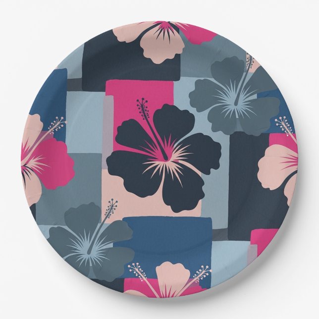 Elegant Blue Hibiscus Floral Pattern (8) Paper Plates (Front)