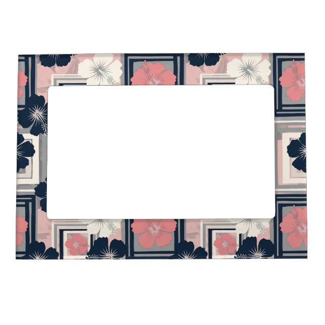 Elegant Blue Hibiscus Floral Pattern (9) Magnetic Frame (Front)