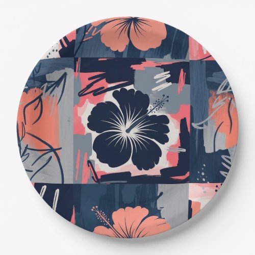 Elegant Blue Hibiscus Floral Pattern (9) Paper Plates