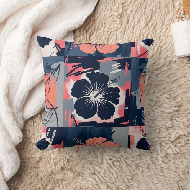 Elegant Blue Hibiscus Floral Pattern (9) Throw Pillow (Blanket)