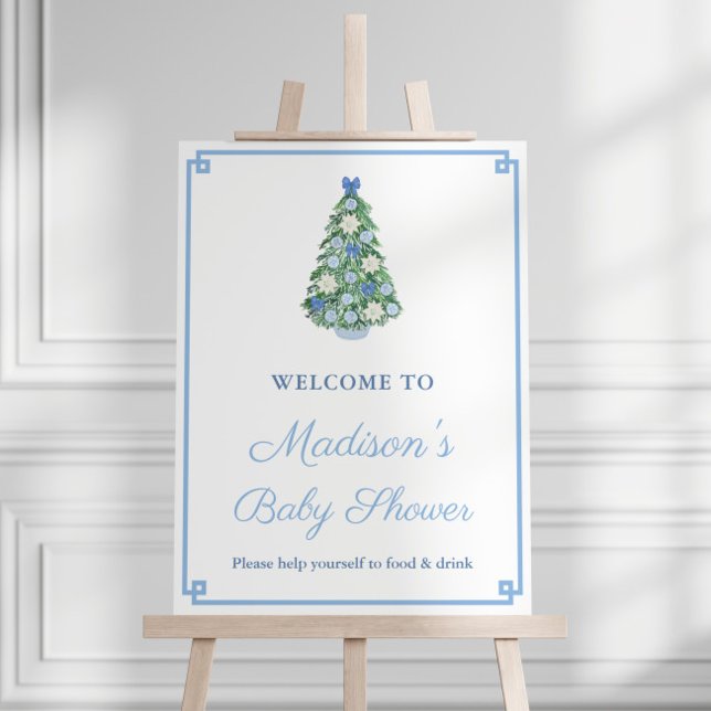 Elegant Blue Holidays Baby Shower Welcome Sign (Ornately decorated chinoiserie blue and white Christmas tree baby shower party welcome sign)
