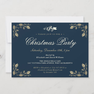 Elegant Blue Holly Bells Christmas Holiday Party Invitation