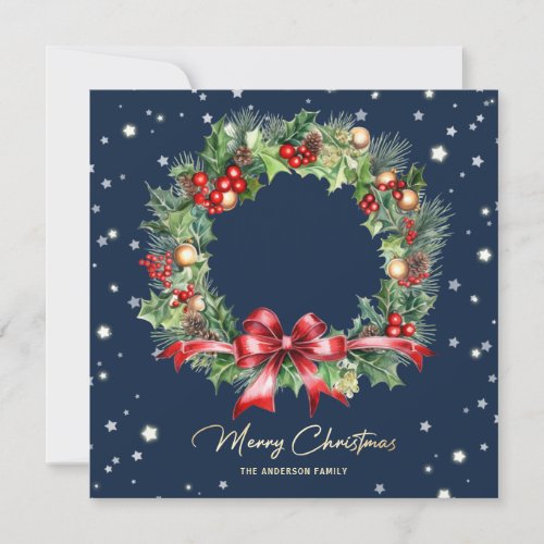 Elegant Blue Holly Berries Pine Wreath Photo Holiday Card