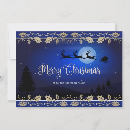 Elegant Blue Holly Reindeer Santa Claus Christmas Holiday Card