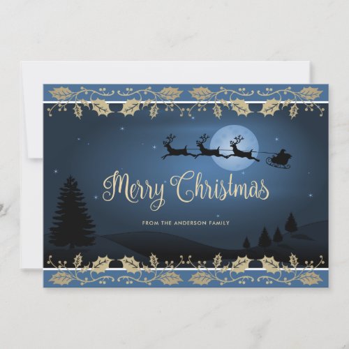 Elegant Blue Holly Reindeer Santa Claus Christmas Holiday Card