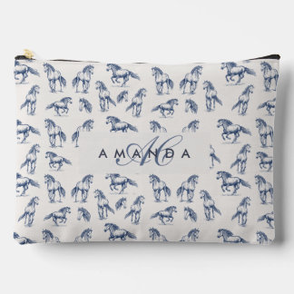 Elegant Blue Horses Monogrammed Initial Gifts Accessory Pouch