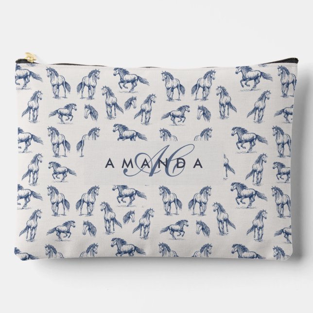 Elegant Blue Horses Monogrammed Initial Gifts Accessory Pouch (Front)
