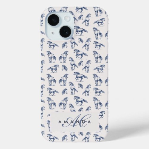 Elegant Blue Horses Monogrammed Initial Gifts iPhone 15 Case