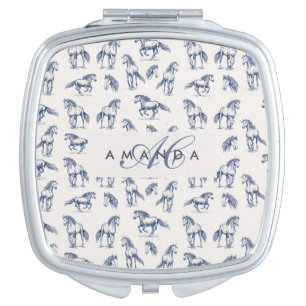 Elegant Blue Horses Monogrammed Initial Gifts Compact Mirror