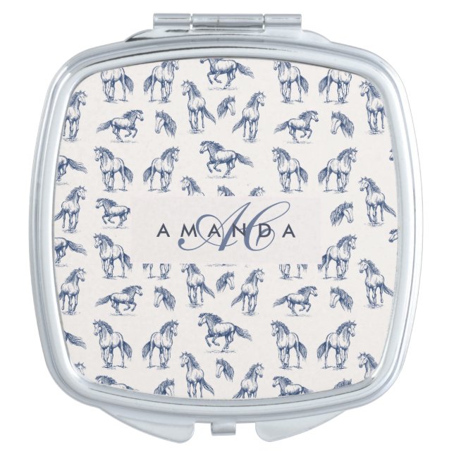 Elegant Blue Horses Monogrammed Initial Gifts Compact Mirror (Front)