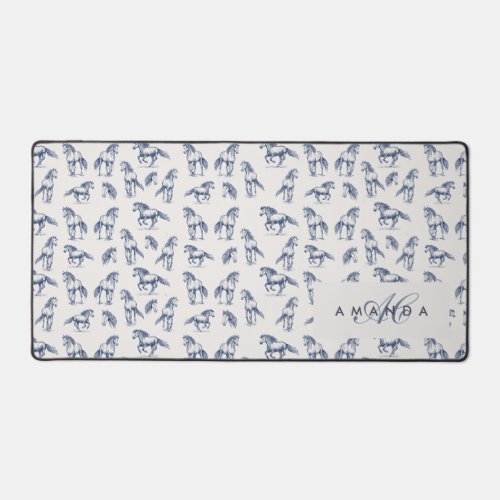 Elegant Blue Horses Monogrammed Initial Gifts Desk Mat