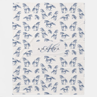 Elegant Blue Horses Monogrammed Initial Gifts Fleece Blanket