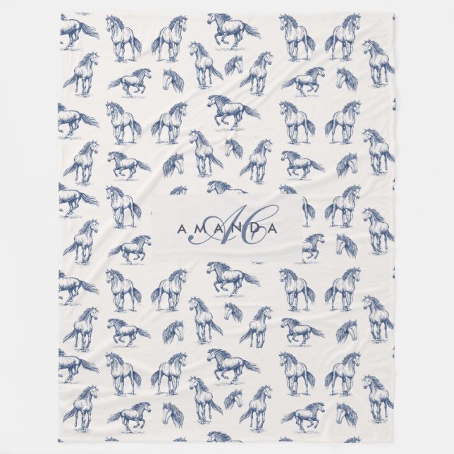 Elegant Blue Horses Monogrammed Initial Gifts Fleece Blanket (Front)
