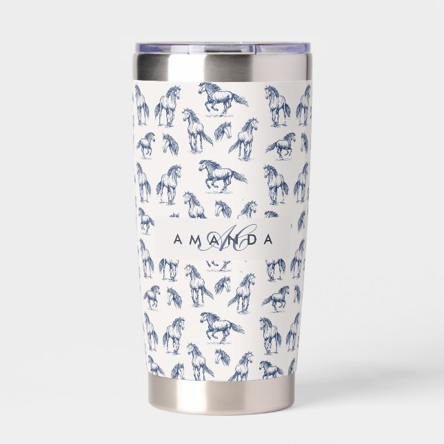 Elegant Blue Horses Monogrammed Initial Gifts Insulated Tumbler (Front)