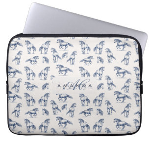 Elegant Blue Horses Monogrammed Initial Gifts Laptop Sleeve