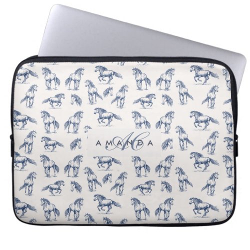 Elegant Blue Horses Monogrammed Initial Gifts Laptop Sleeve