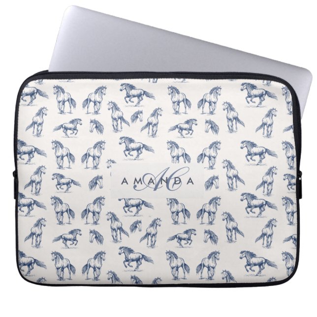 Elegant Blue Horses Monogrammed Initial Gifts Laptop Sleeve (Front)