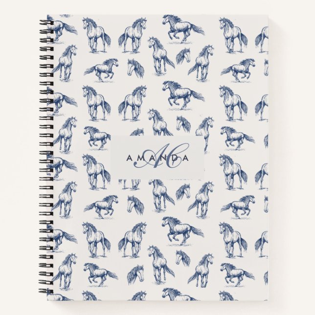 Elegant Blue Horses Monogrammed Initial Gifts Notebook (Front)