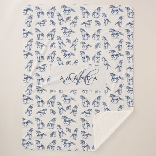 Elegant Blue Horses Monogrammed Initial Gifts Sherpa Blanket