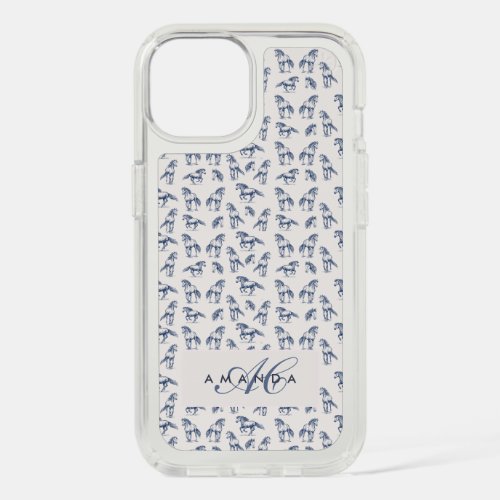 Elegant Blue Horses Monogrammed Initial Gifts iPhone 15 Case