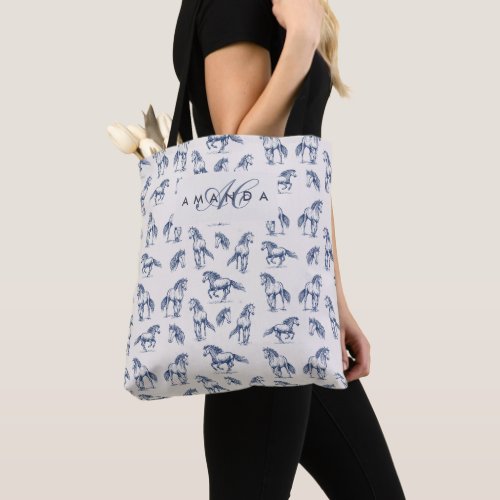 Elegant Blue Horses Monogrammed Initial Gifts Tote Bag