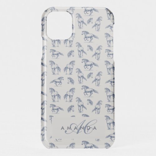 Elegant Blue Horses Monogrammed Initial Gifts iPhone 11 Case