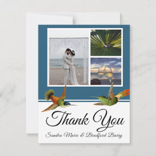 Elegant Blue Hummingbird Wedding Photo collage Thank You Card