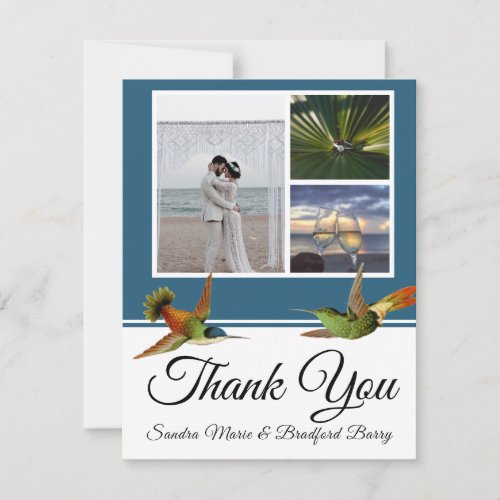 Elegant Blue Hummingbird Wedding Photo collage Thank You Card