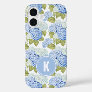 Elegant Blue Hydragea Flowers Pattern Monogram iPhone 16 Case