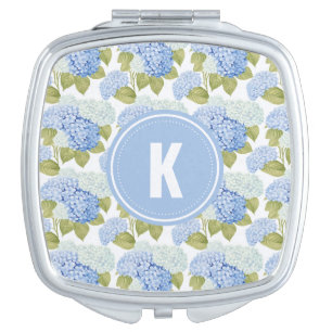 Elegant Blue Hydragea Flowers Pattern Monogram Compact Mirror