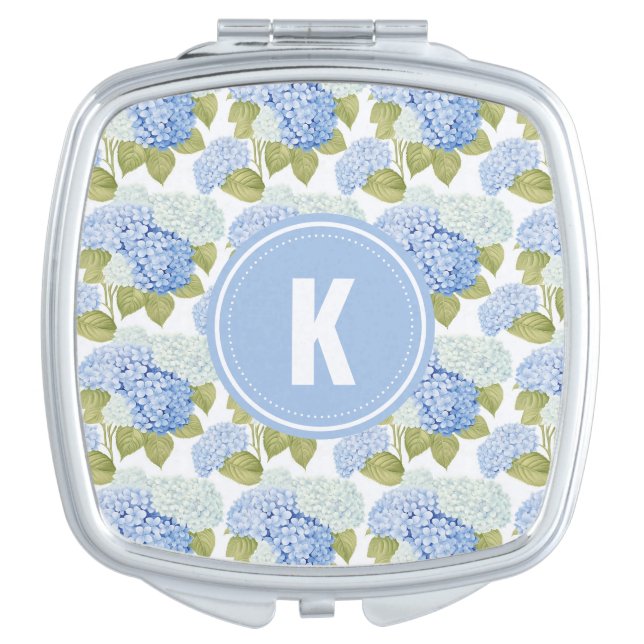 Elegant Blue Hydragea Flowers Pattern Monogram Compact Mirror (Front)