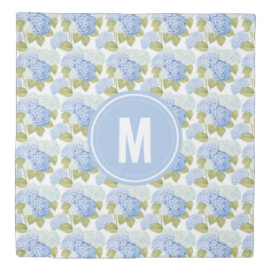 Elegant Blue Hydragea Flowers Pattern Monogram Duvet Cover