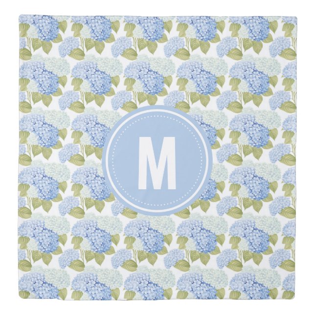 Elegant Blue Hydragea Flowers Pattern Monogram Duvet Cover (Front)