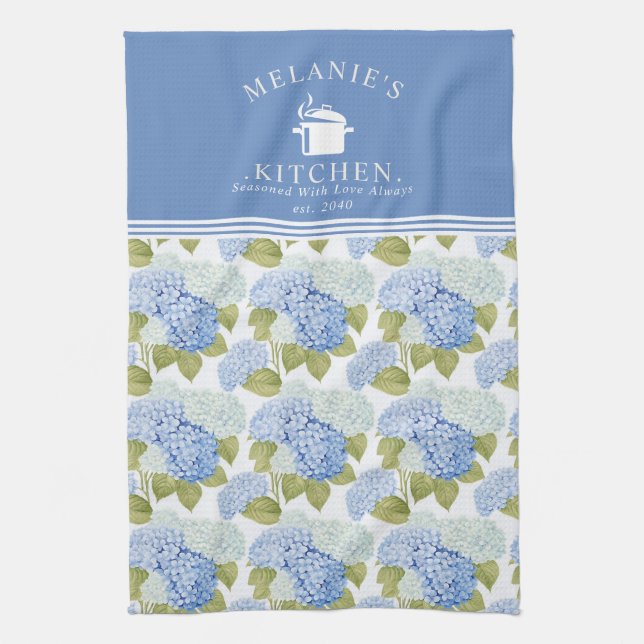 Elegant Blue Hydragea Flowers Pattern Monogram Kitchen Towel (Vertical)