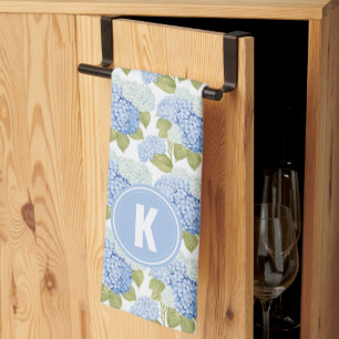 Elegant Blue Hydragea Flowers Pattern Monogram Kitchen Towel