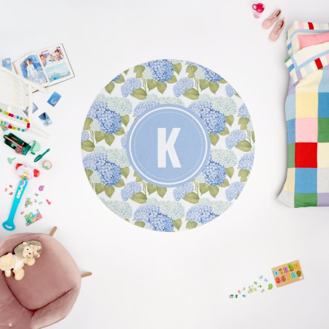 Elegant Blue Hydragea Flowers Pattern Monogram Outdoor Rug (Insitu (Babyroom))