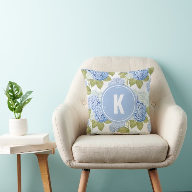 Elegant Blue Hydragea Flowers Pattern Monogram Throw Pillow (Chair)