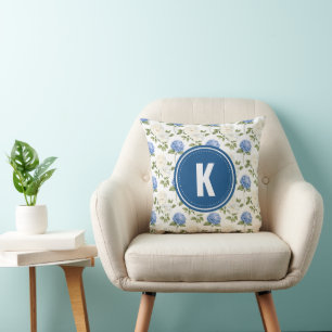 Elegant Blue Hydragea Flowers Pattern Monogram Throw Pillow