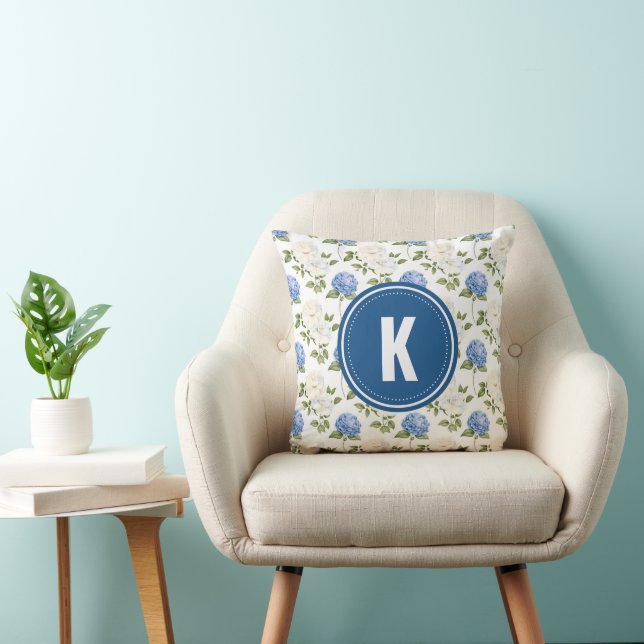 Elegant Blue Hydragea Flowers Pattern Monogram Throw Pillow (Chair)