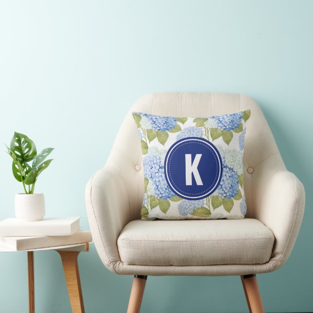 Elegant Blue Hydragea Flowers Pattern Monogram Throw Pillow (Chair)