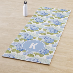 Elegant Blue Hydragea Flowers Pattern Monogram Yoga Mat