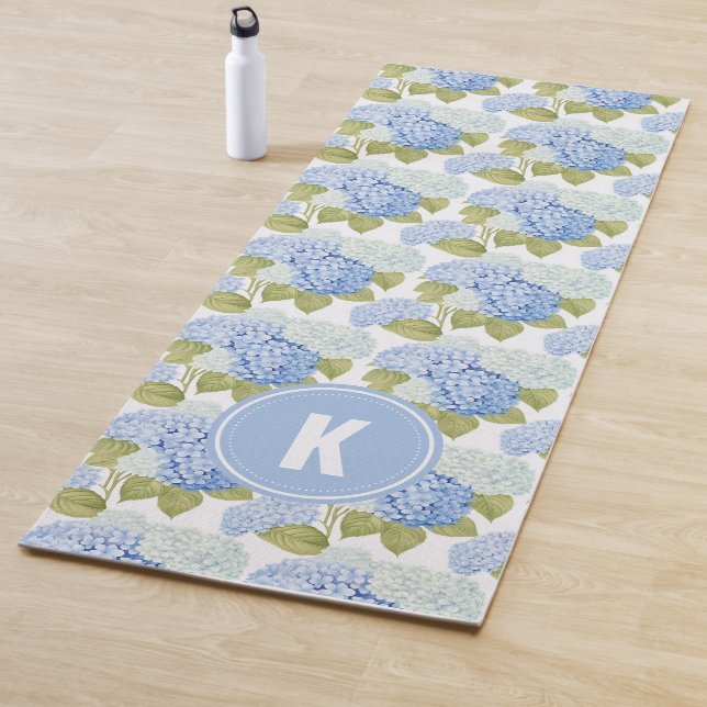 Elegant Blue Hydragea Flowers Pattern Monogram Yoga Mat (In Situ)