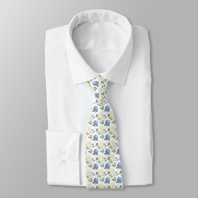 Elegant Blue Hydragea Flowers Pattern  Neck Tie (Tied)