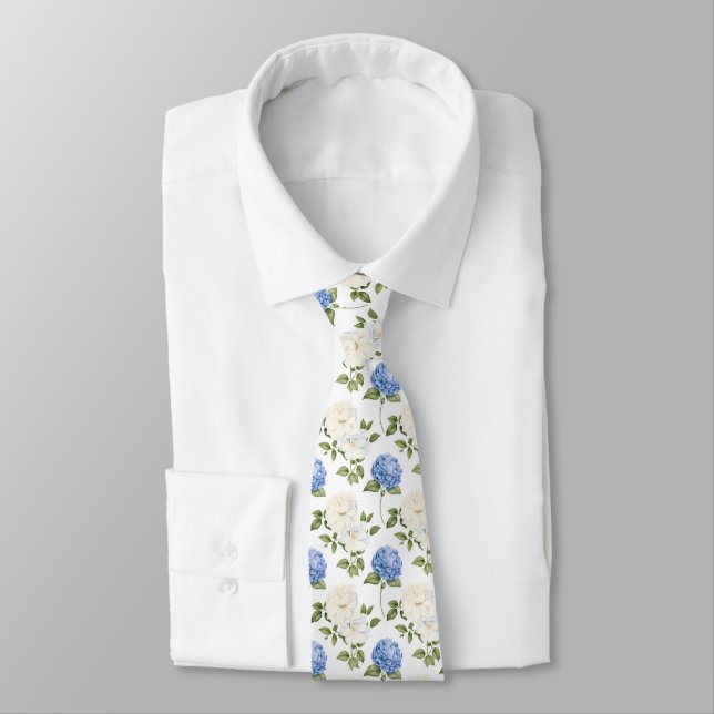 Elegant Blue Hydragea Flowers Pattern  Neck Tie (Tied)