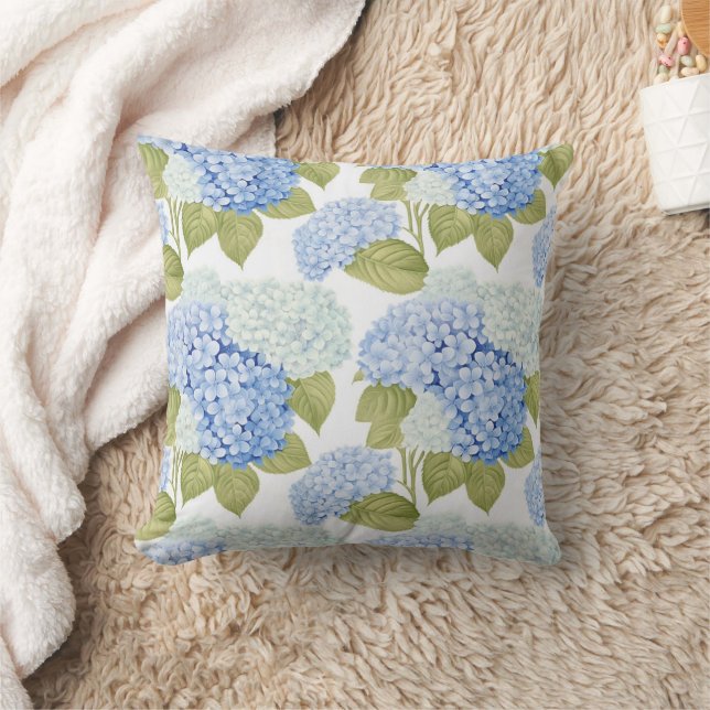 Elegant Blue Hydragea Flowers Pattern  Throw Pillow (Blanket)
