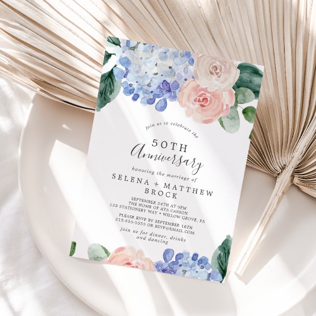 Elegant Blue Hydrangea 50th Wedding Anniversary Invitation
