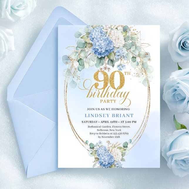 Elegant Blue Hydrangea 90th Birthday Invitation (This elegant 90th birthday invitation is professionally printed by Zazzle using premium paper stock )