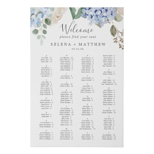 Elegant Blue Hydrangea Alphabetical Seating Chart Faux Canvas Print (Front)